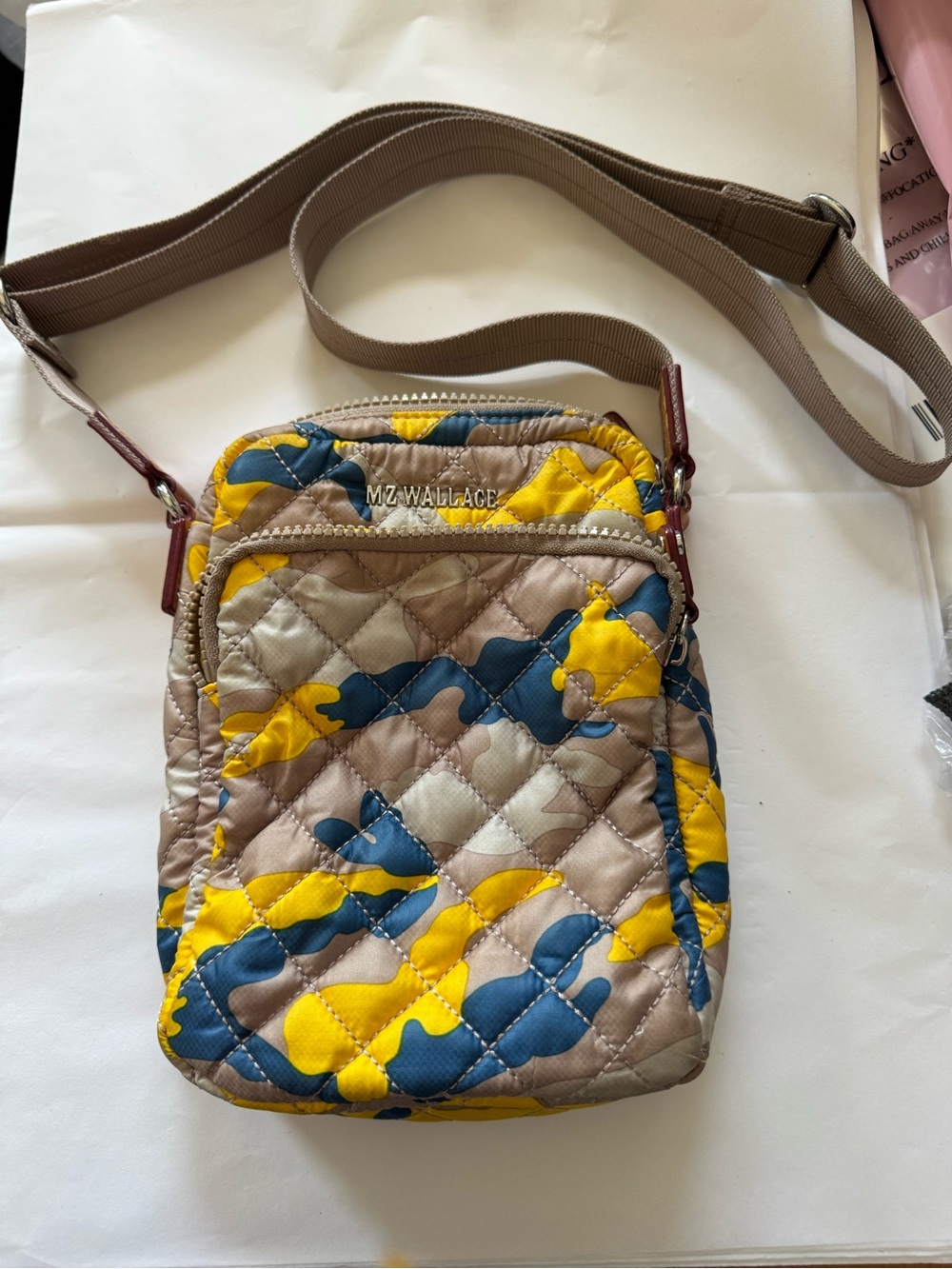 MZ Wallace Quilted Crossbody Bag in Beige, Blue & Yellow Camo
